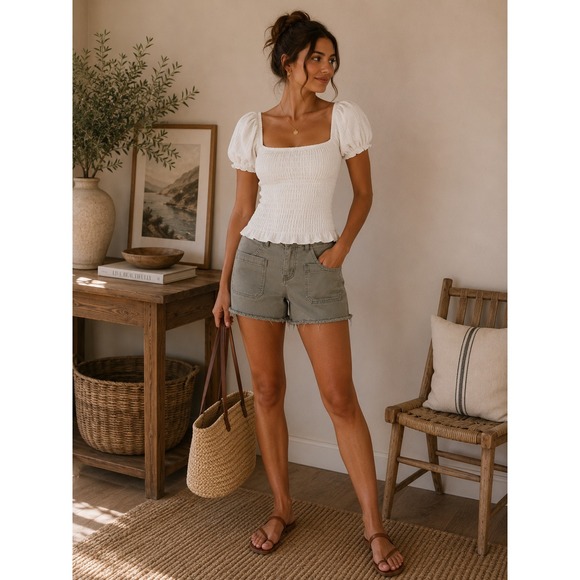 Judy Blue Pants - Judy Blue Olive Green Cargo Denim Shorts Raw Hem High Rise Size L Q22
